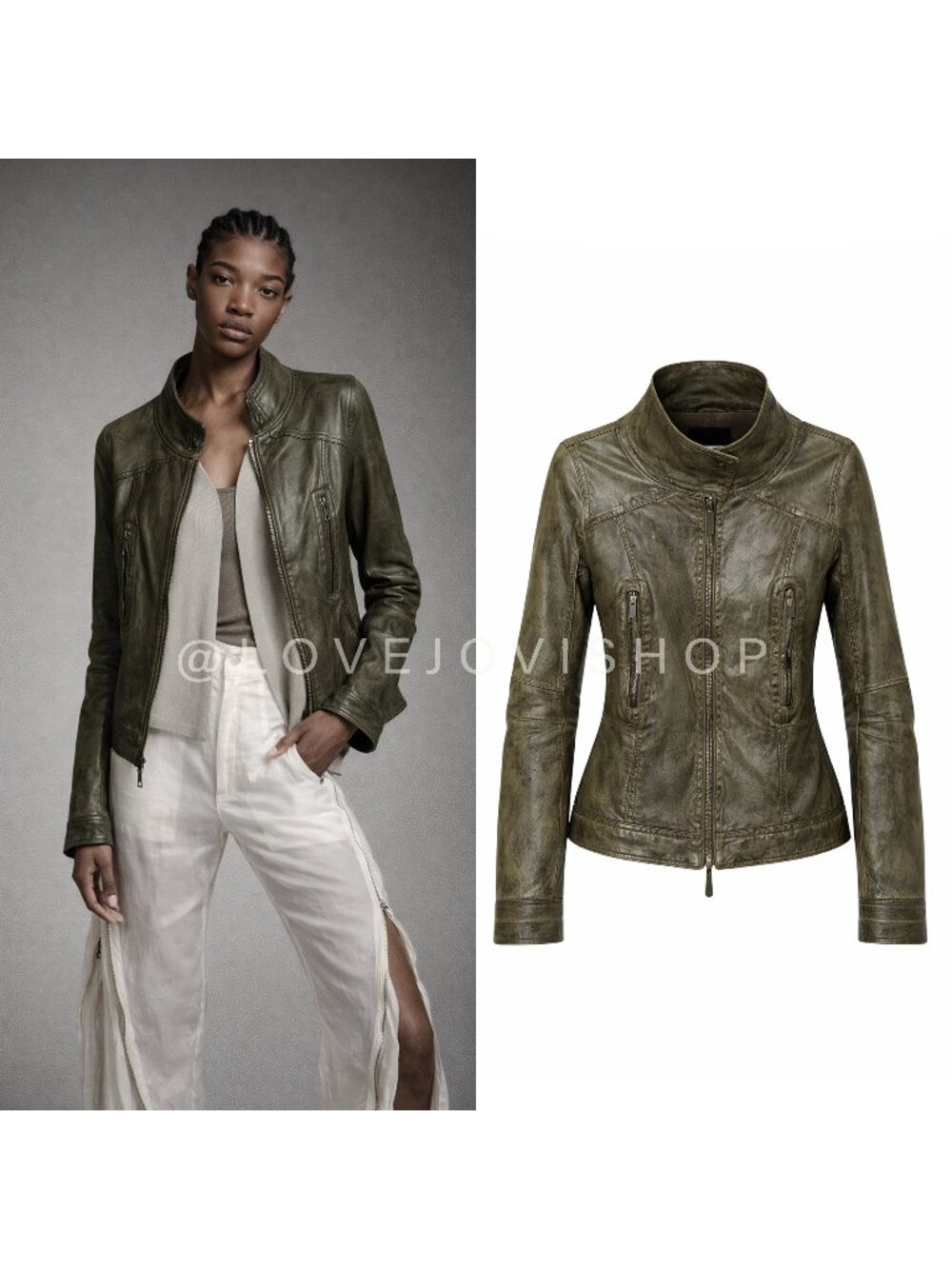 Jacket | Les Copains Olive Leather Moto | Quiet Luxury Brand  | Avant Garde | 42